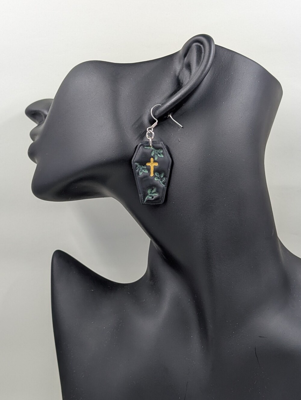 Black Coffin Dangle Earring with Gold Cross